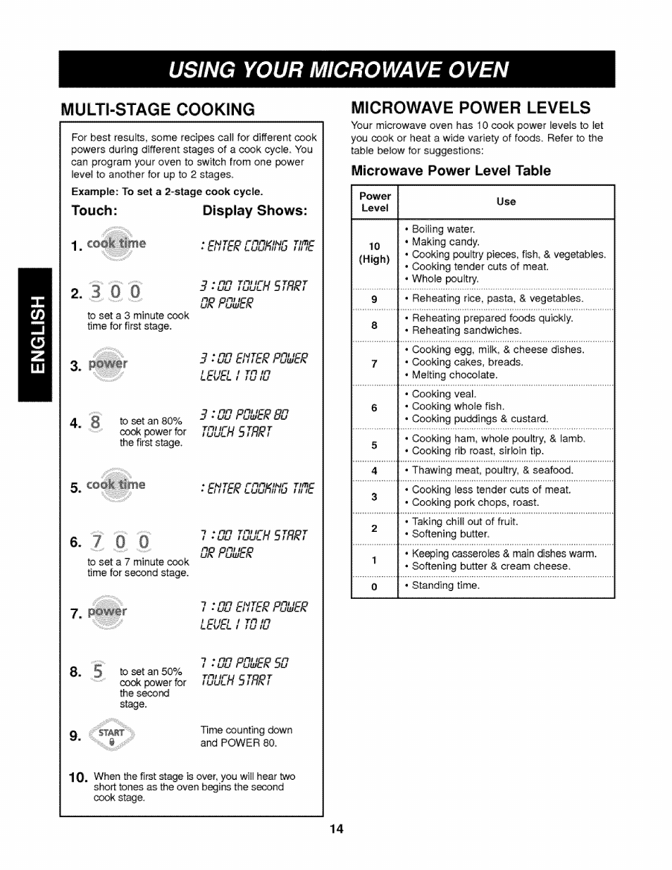 Microwave power level table, Microwave power levels, 3 i 0 | Multi-stage cooking, Touch: display shows | Kenmore 721.62342 User Manual | Page 14 / 20