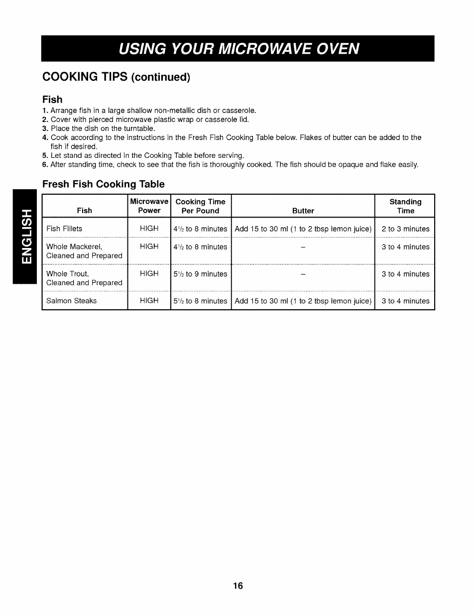 Cooking tips (continued), Fish, Fresh fish cooking table | Using your microwave oven | Kenmore 721.62342 User Manual | Page 16 / 20