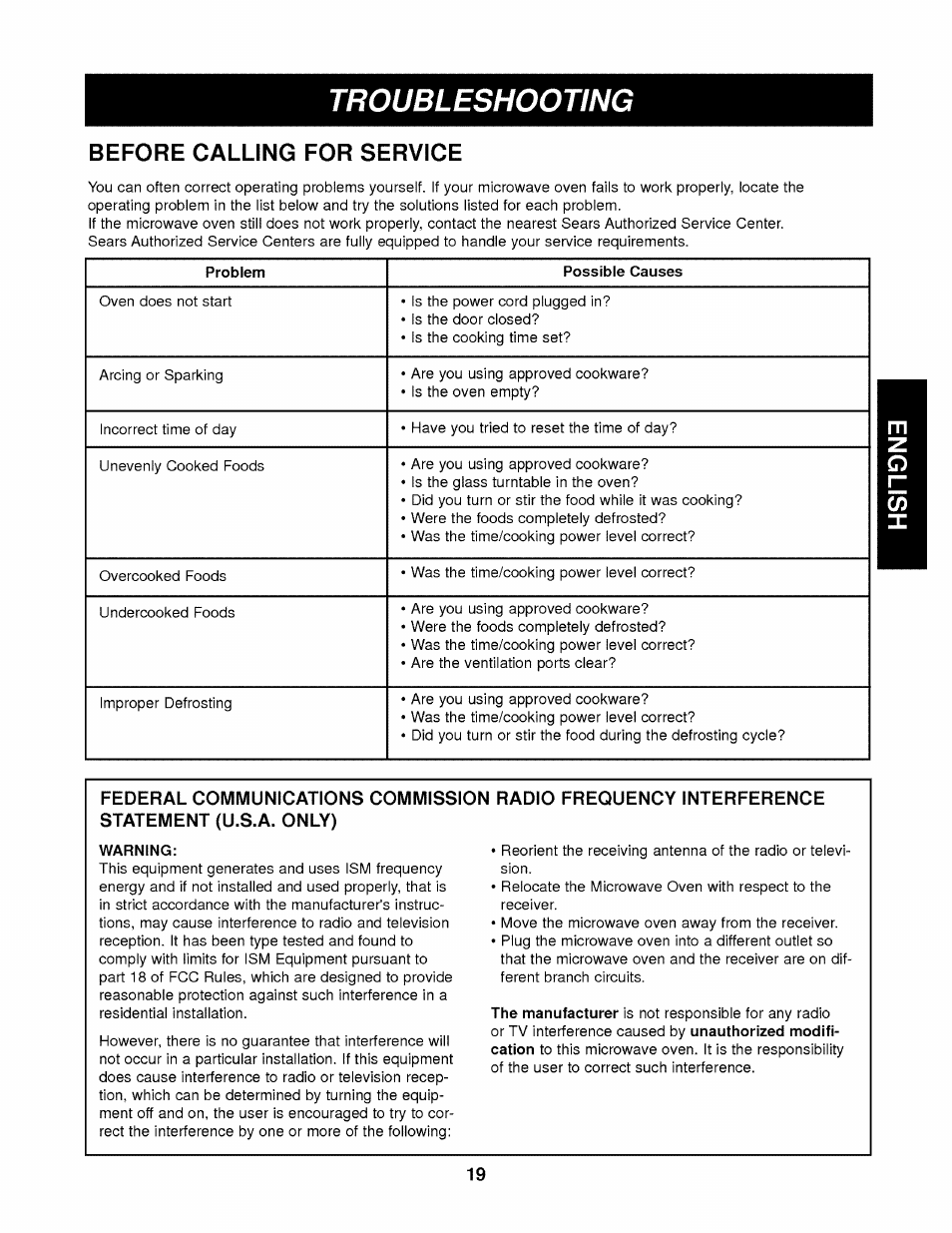 Before calling for service, Warning, Troubleshooting | Kenmore 721.62342 User Manual | Page 19 / 20