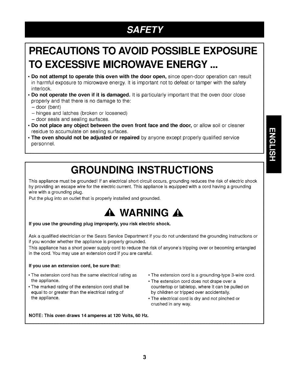If you use an extension cord, be sure that, Grounding instructions, Warning | Safety | Kenmore 721.62342 User Manual | Page 3 / 20