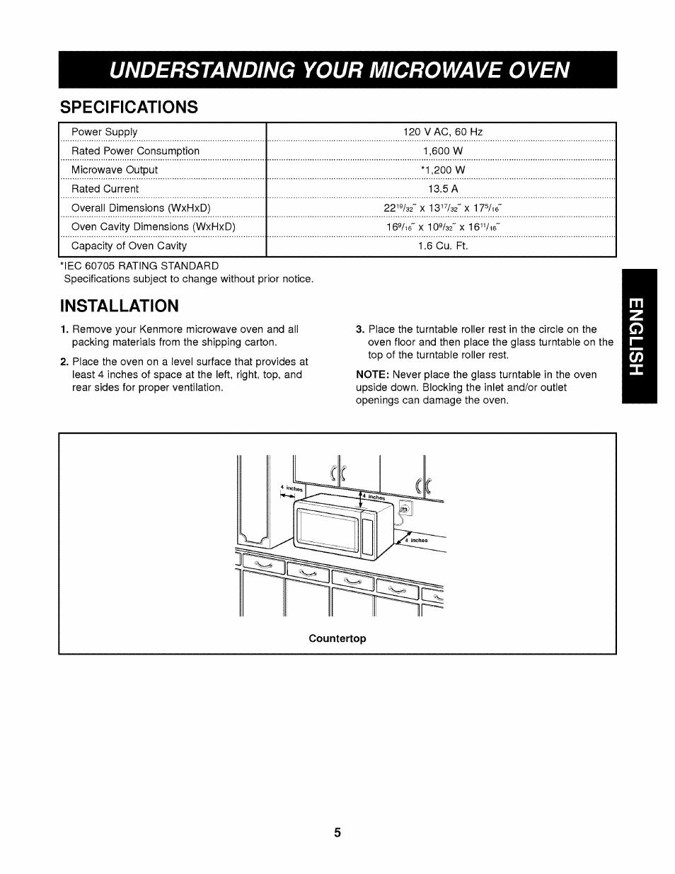 Specifications, Installation, Understanding your microwave oven | Kenmore 721.62342 User Manual | Page 5 / 20