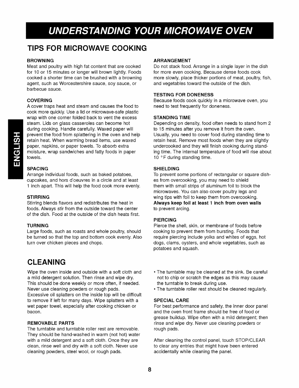 Tips for microwave cooking, Browning, Covering | Arrangement, Testing for doneness, Standing time, Spacing, Stirring, Turning, Shielding | Kenmore 721.62342 User Manual | Page 8 / 20