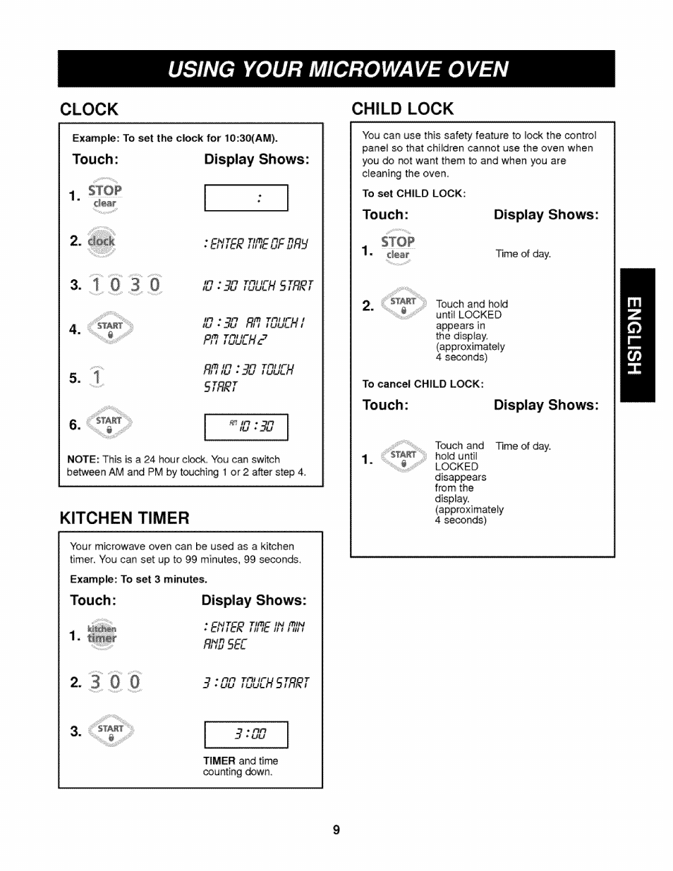 Clock, Example: to set the clock for 10:30(am), Touch | Touch: display shows, Kitcmeini tiimier, Child lock, Touch: display shows: stop | Kenmore 721.62342 User Manual | Page 9 / 20