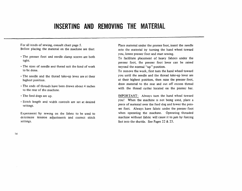 Inserting and removing the materia | Kenmore 1206 User Manual | Page 15 / 29