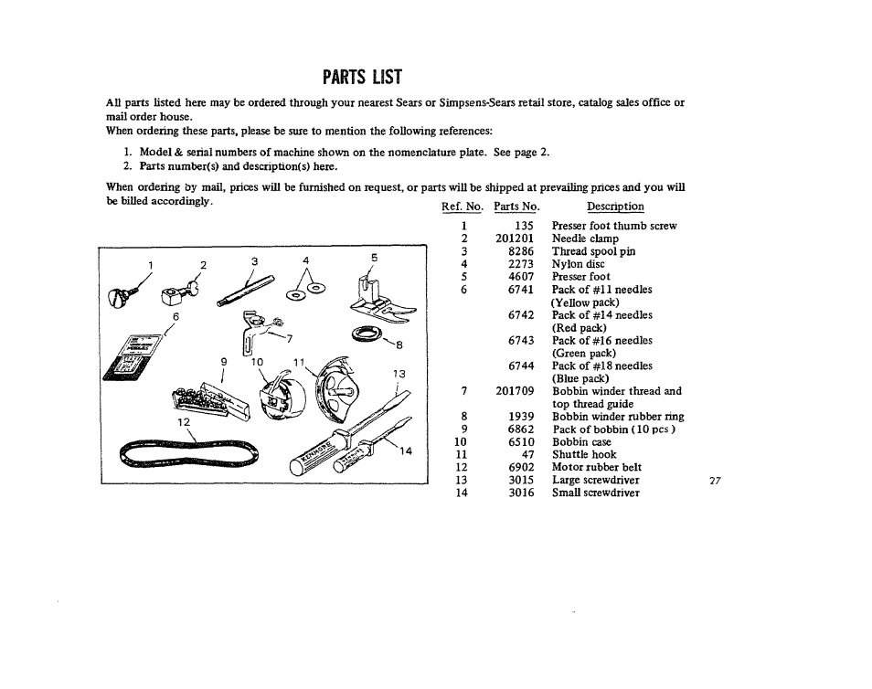 Parts list | Kenmore 1206 User Manual | Page 28 / 29