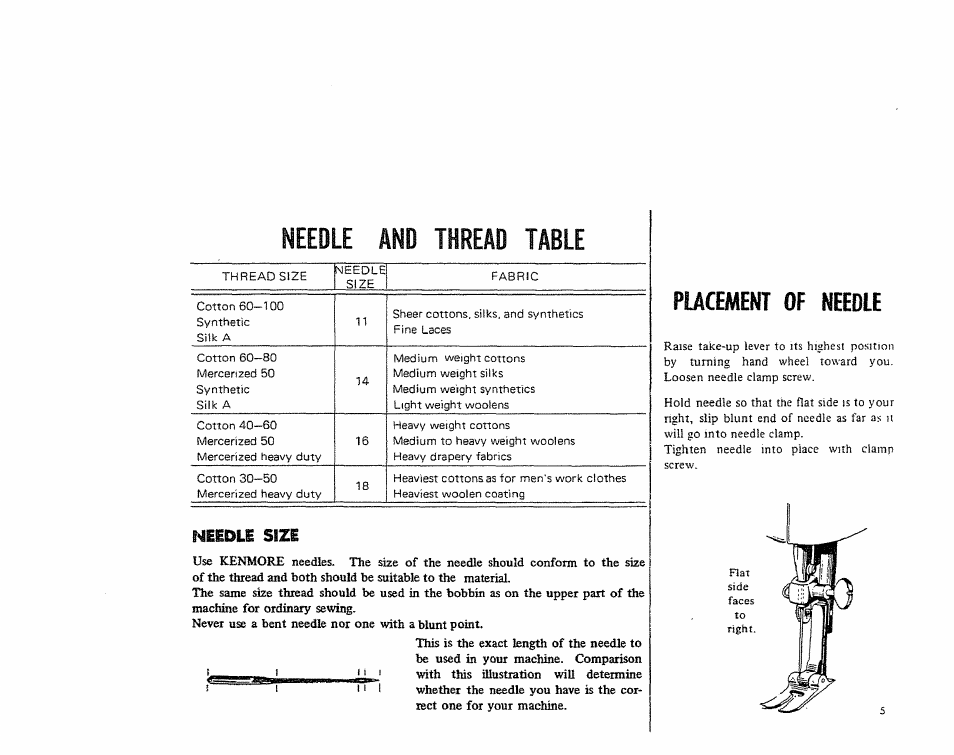 Needle and thread table, Placement of needle, Needle size | Kenmore 1206 User Manual | Page 6 / 29