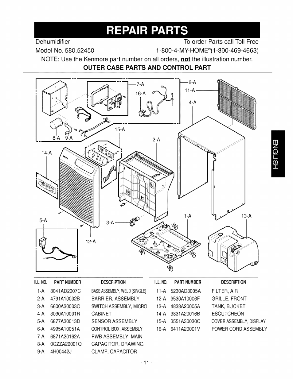 Dehumidifier to order parts call toll free, Outer case parts and control part | Kenmore 580.5245 User Manual | Page 11 / 13