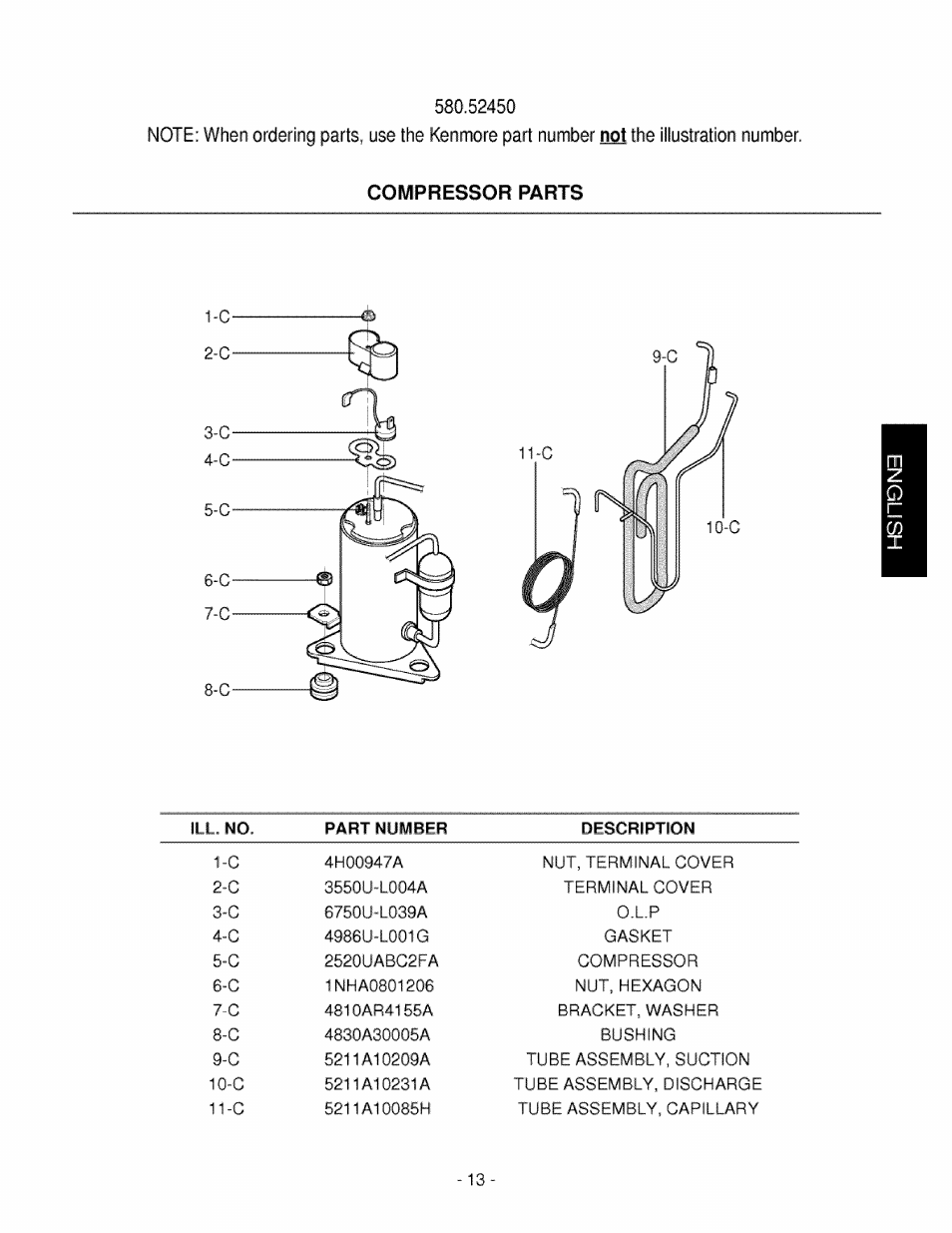 Compressor parts | Kenmore 580.5245 User Manual | Page 13 / 13