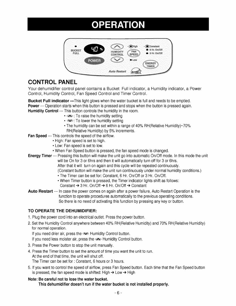Control panel, Operation | Kenmore 580.5245 User Manual | Page 6 / 13