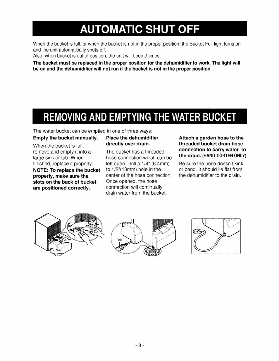 Automatic shut off, Removing and emptying the water bucket | Kenmore 580.5245 User Manual | Page 8 / 13