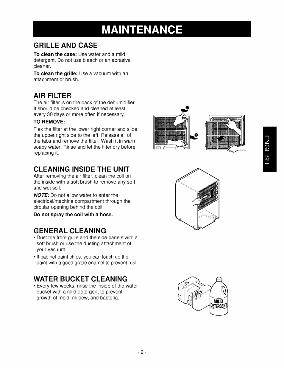 Grille and case, Air filter, Cleaning inside the unit | General cleaning, Water bucket cleaning, Maintenance | Kenmore 580.5245 User Manual | Page 9 / 13