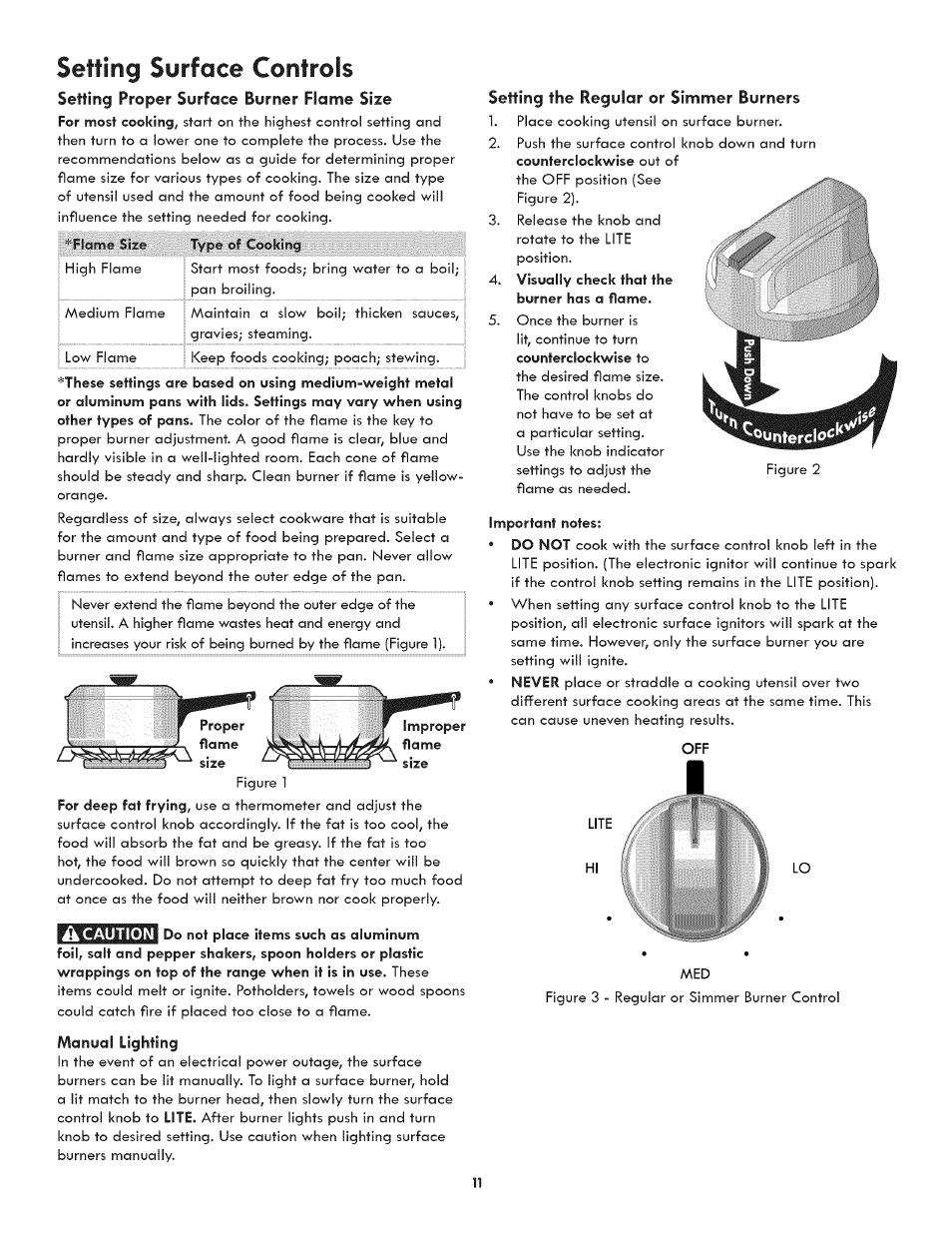 Setting proper surface burner flame size, Manual lighting, Setting the regular or simmer burners | Setting surface controls | Kenmore 790.3107 User Manual | Page 11 / 40