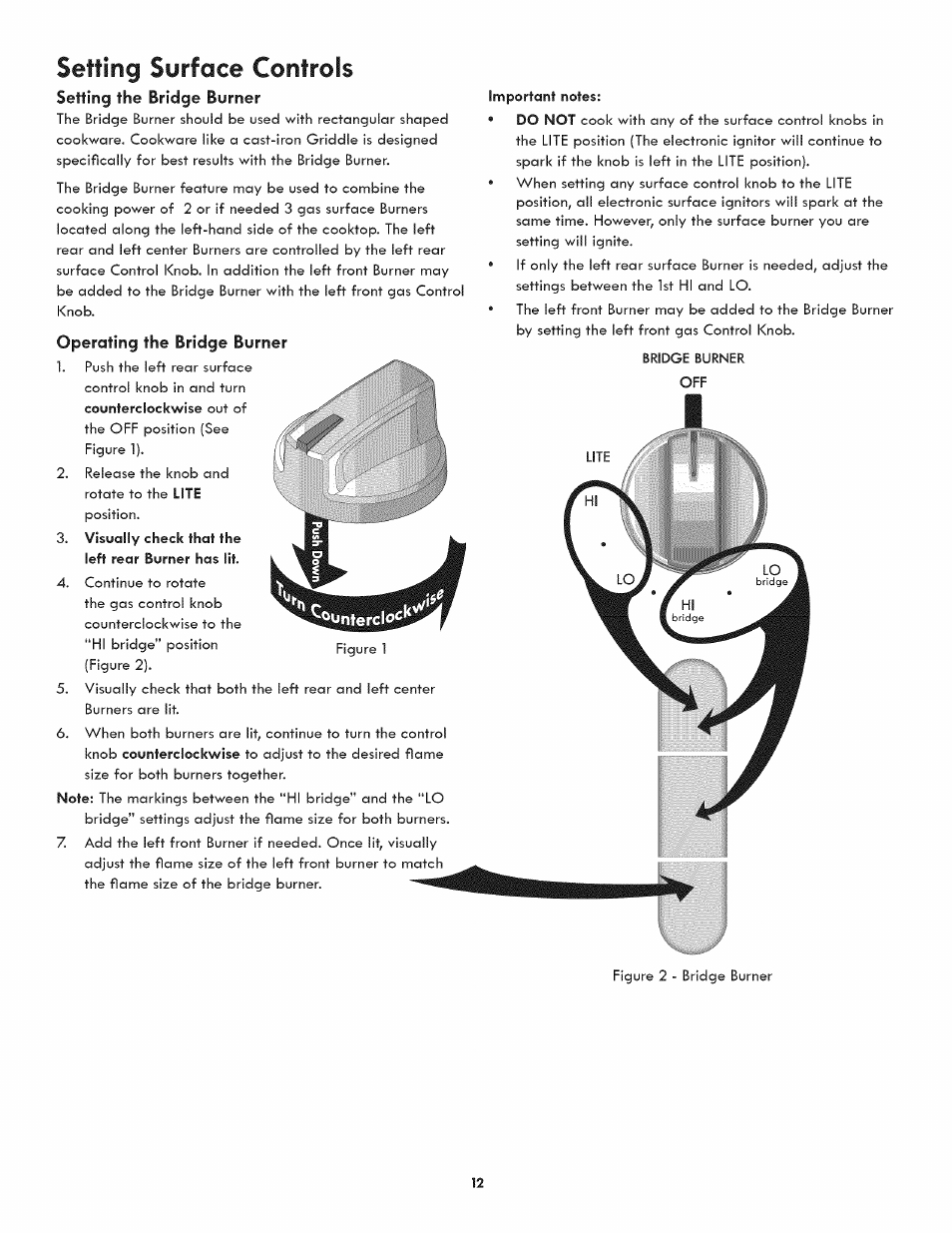 Setting the bridge burner, Operating the bridge burner, Setting surface controls | Kenmore 790.3107 User Manual | Page 12 / 40