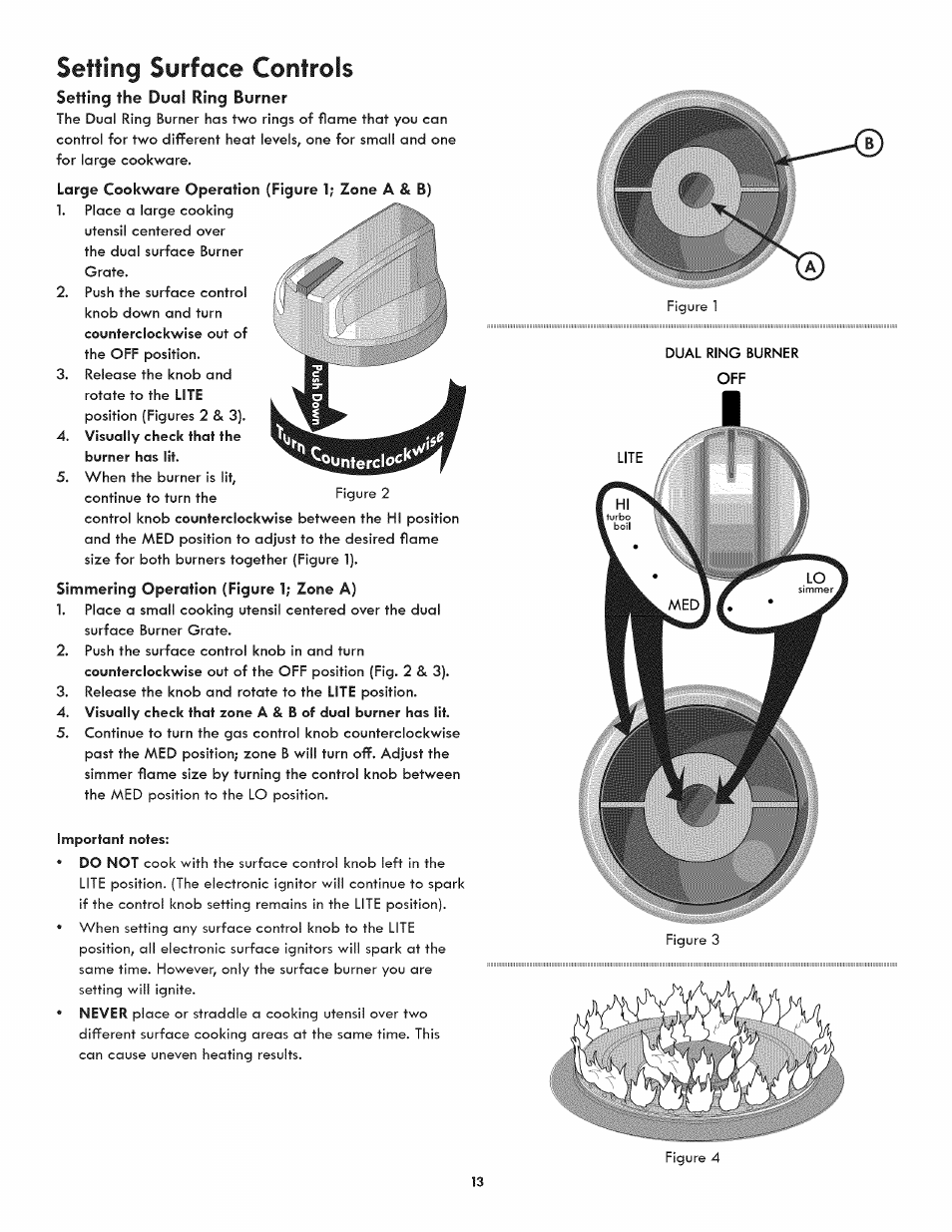 Setting the dual ring burner, Setting surface controls, Large cookware operation (figure 1; zone a & b) | Simmering operation (figure 1; zone a) | Kenmore 790.3107 User Manual | Page 13 / 40