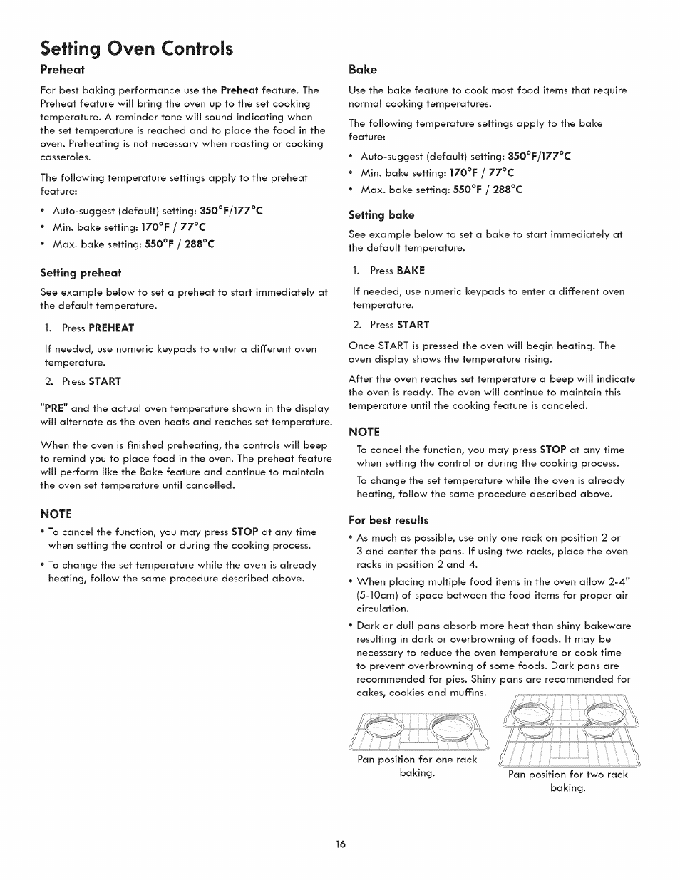 Setting oven controls, Preheat, Setting preheat | Note, Bake, Setting bake, For best results, Before setting oven controls | Kenmore 790.3107 User Manual | Page 16 / 40