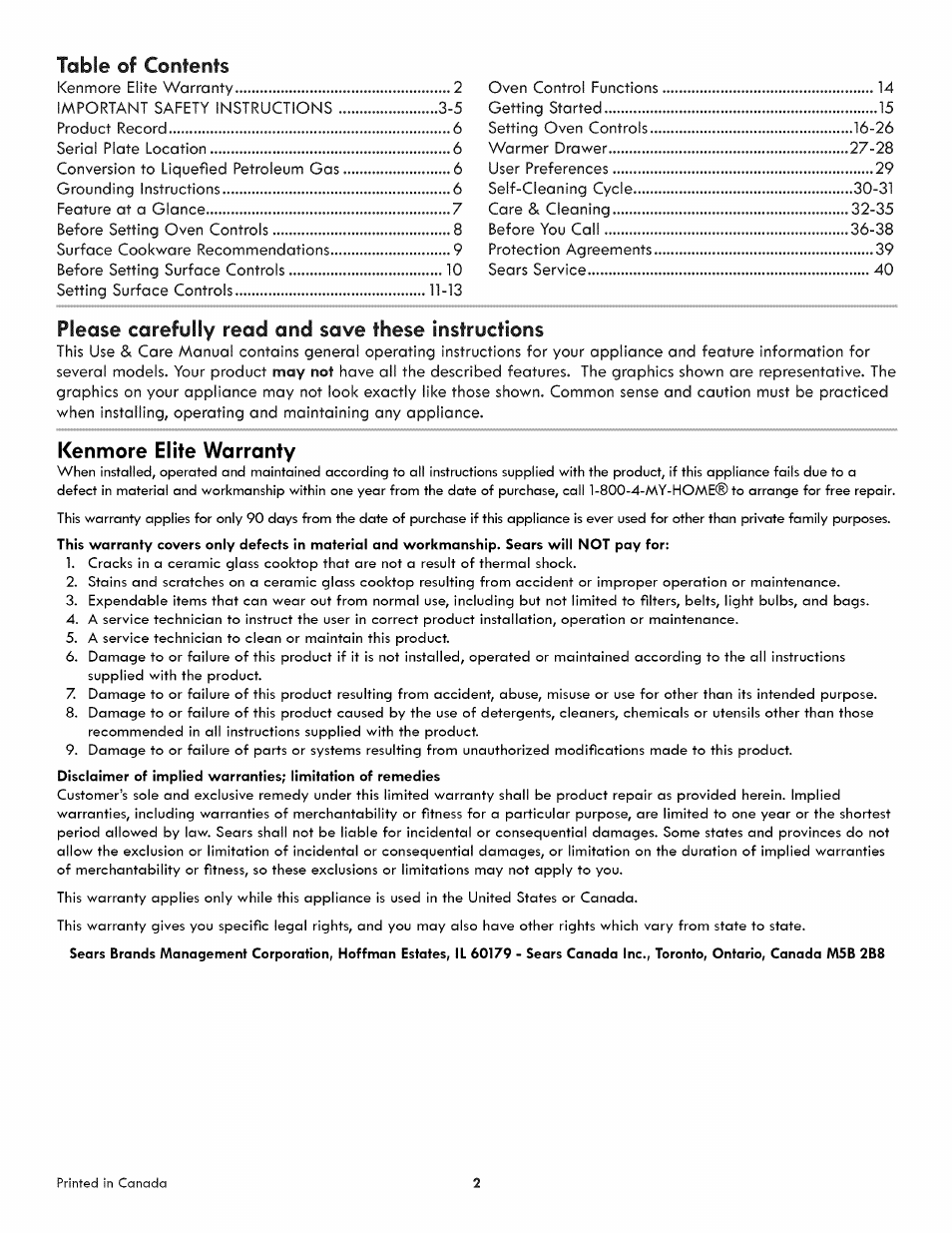 Kenmore 790.3107 User Manual | Page 2 / 40