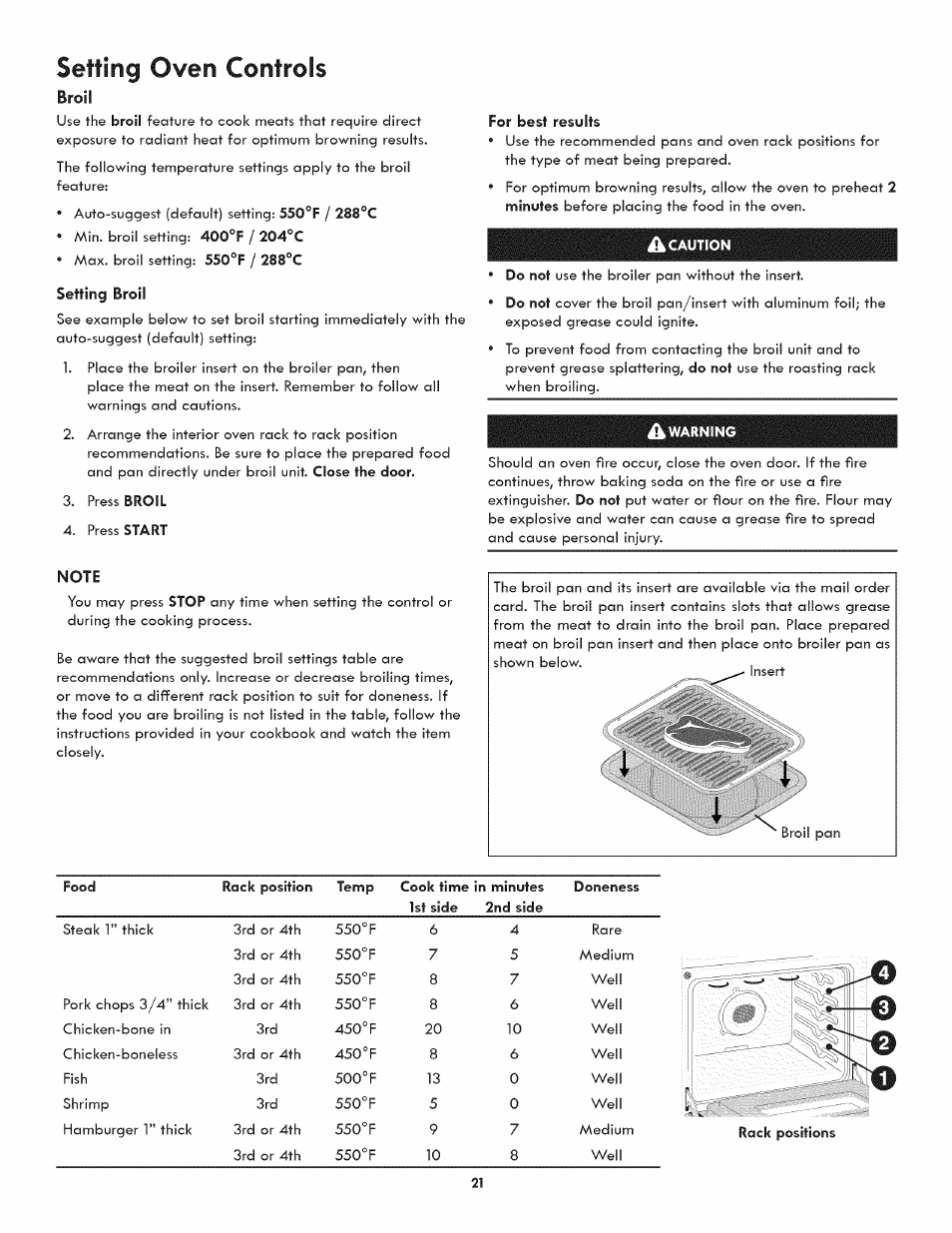 Broil, Setting broil, Note | For best results, Ik caution, Warning, Setting oven controls | Kenmore 790.3107 User Manual | Page 21 / 40