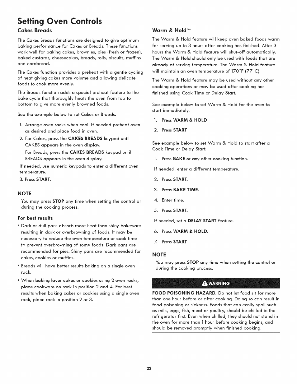 Setting oven controls, Note, For best results | Warning, Setting surface controls -13, Cakes breads, Warm & hold | Kenmore 790.3107 User Manual | Page 22 / 40