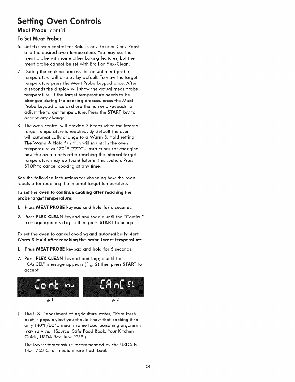 Setting oven controls, Meat probe (cont’d), To set meat probe | Fl nc fi, O n f c | Kenmore 790.3107 User Manual | Page 24 / 40