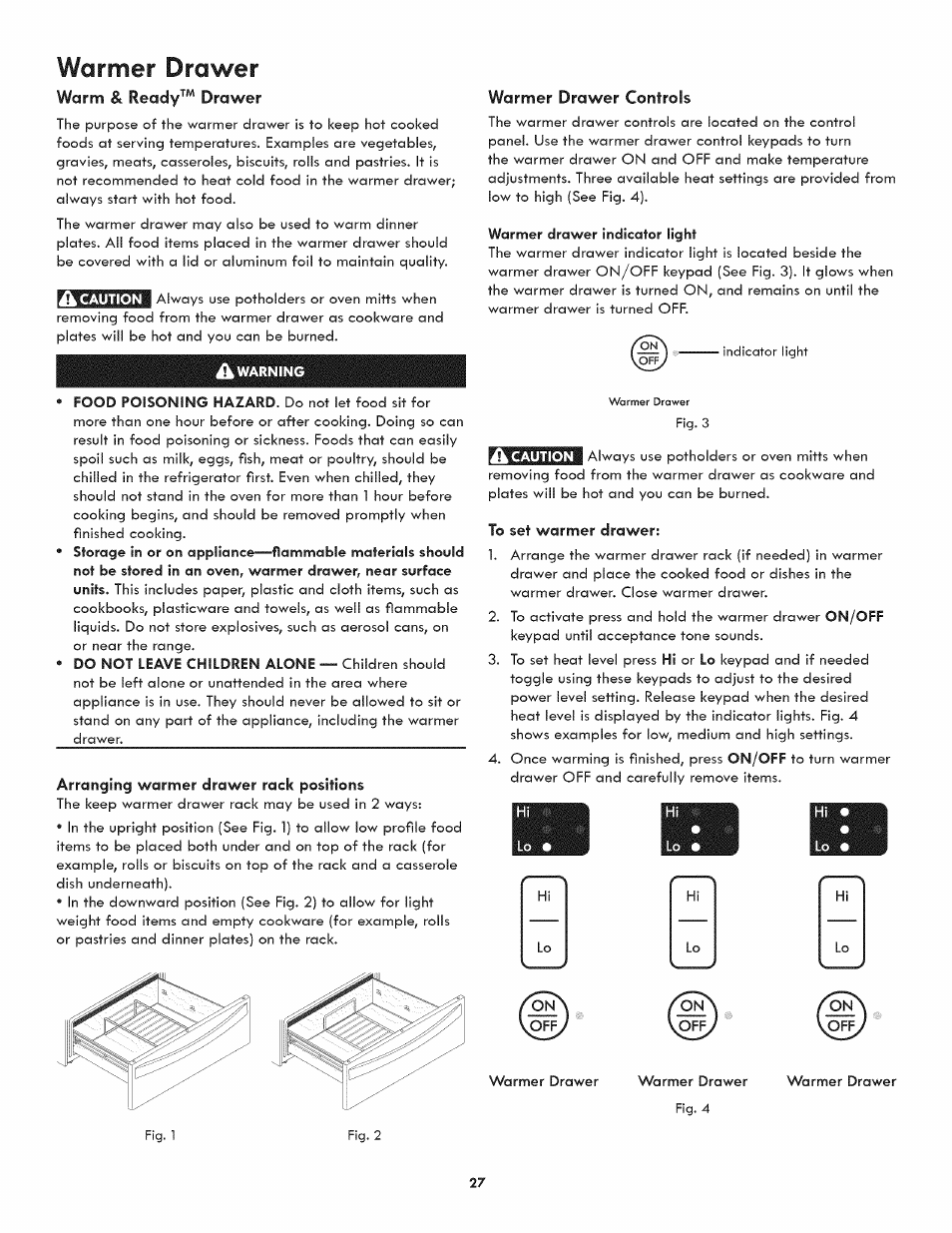 Warmer drawer, Warm & ready™ drawer, Arranging warmer drawer rack positions | Warnner drawer controls, Warmer drawer -28, Ready, Warm, Drawer | Kenmore 790.3107 User Manual | Page 27 / 40