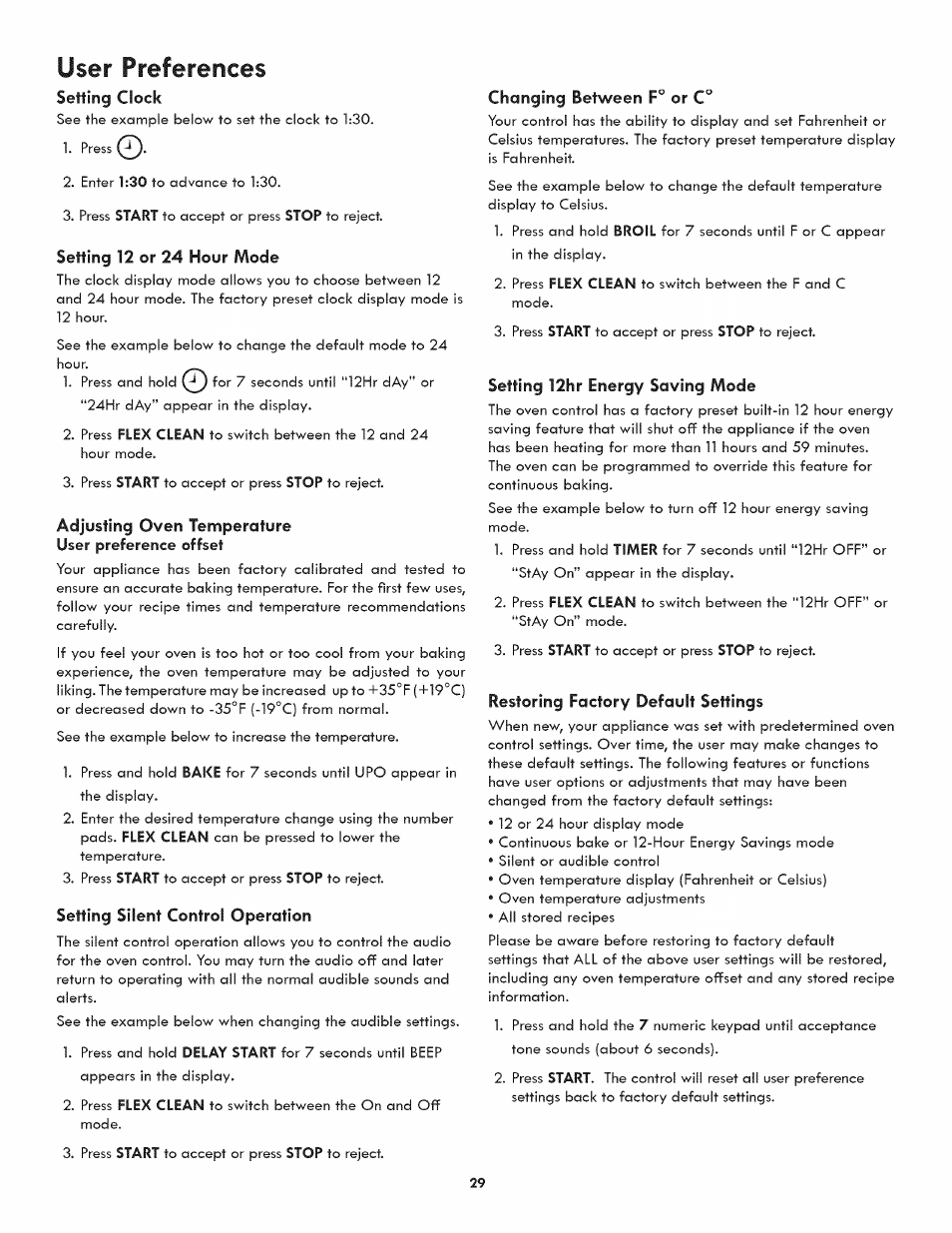 User preferences, Setting clock, Setting 12 or 24 hour mode | Adjusting oven temperature, Setting silent control operation, Changing between f° or c, Setting 12hr energy saving mode, Restoring factory default settings | Kenmore 790.3107 User Manual | Page 29 / 40