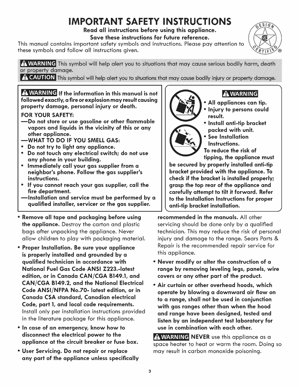 Ik warning, Important safety instructions | Kenmore 790.3107 User Manual | Page 3 / 40