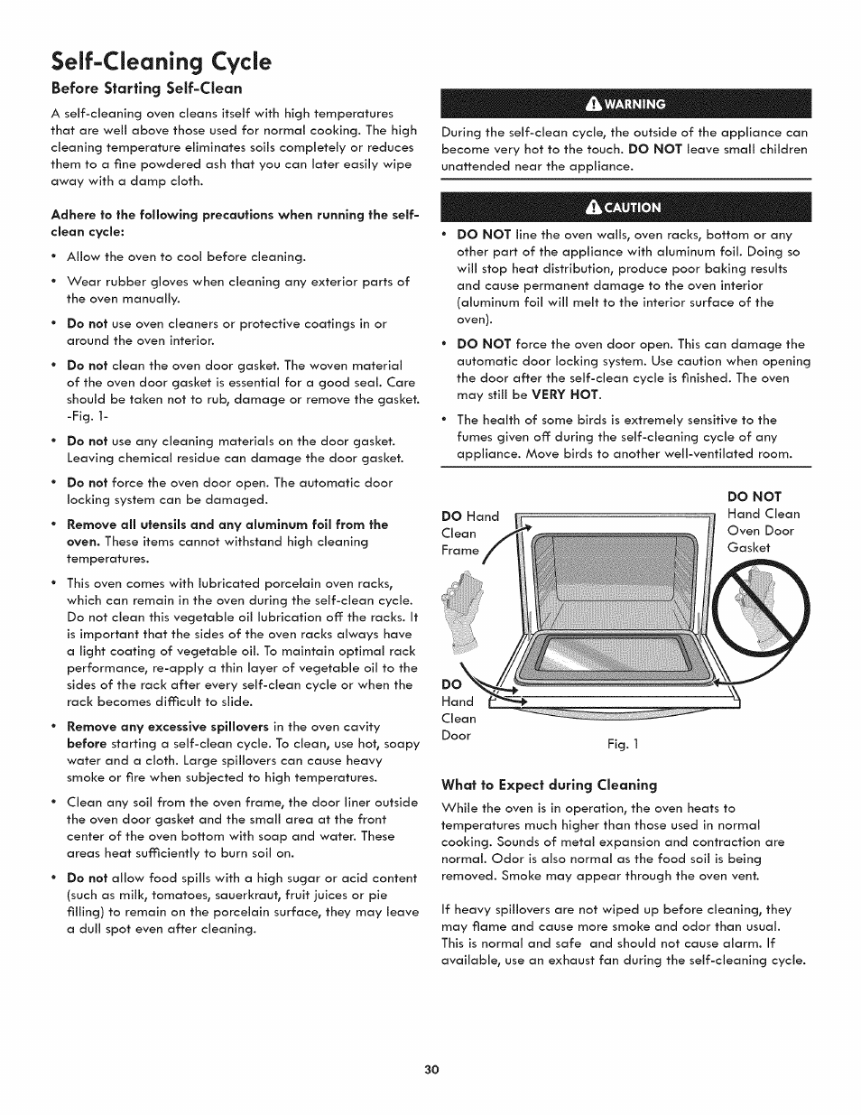 Before starting self-clean, A warning, Caution | Do not, What to expect during cleaning, Seif-cleaning cycle | Kenmore 790.3107 User Manual | Page 30 / 40