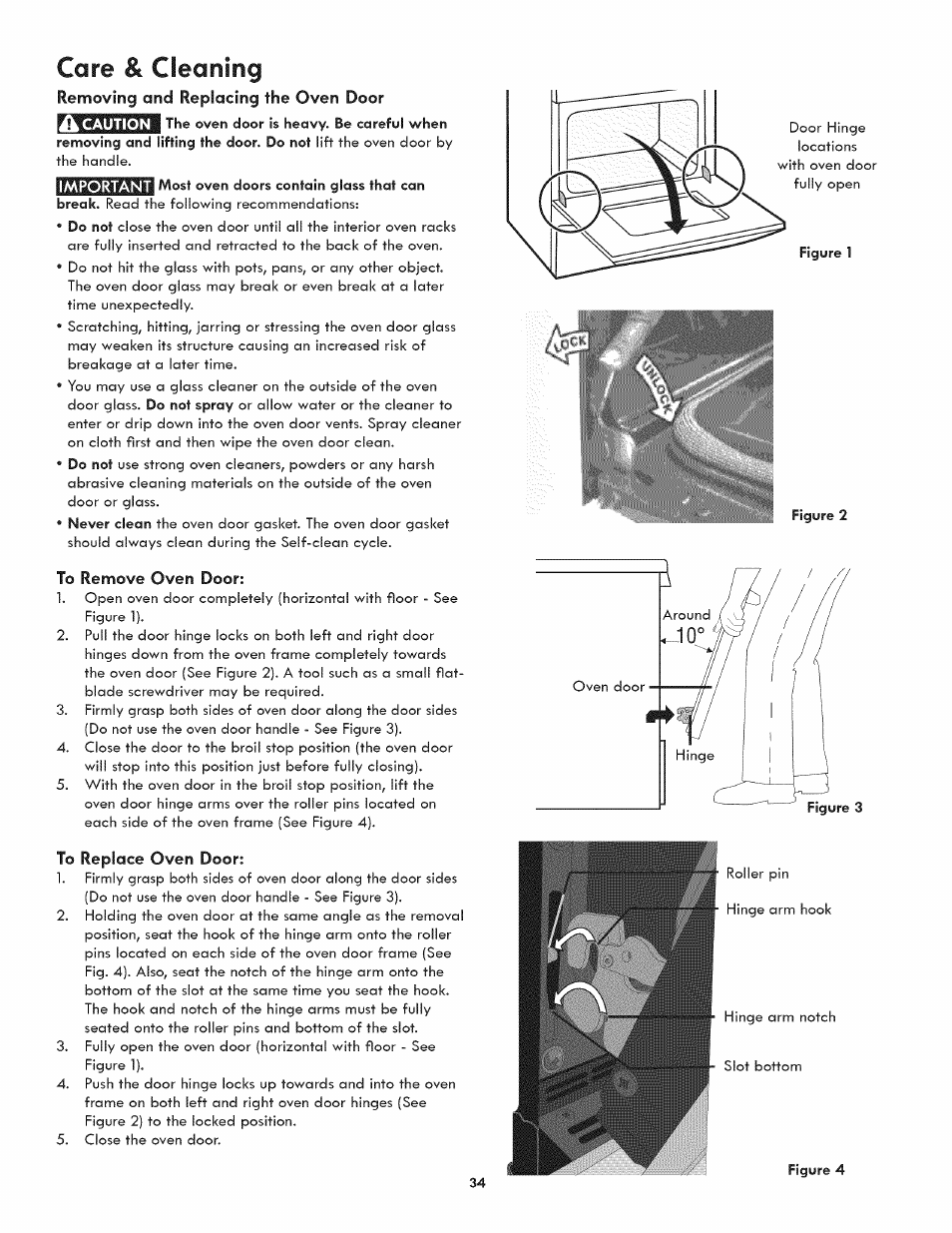 Care & cleaning, Removing and replacing the oven door, To remove oven door | To replace oven door | Kenmore 790.3107 User Manual | Page 34 / 40