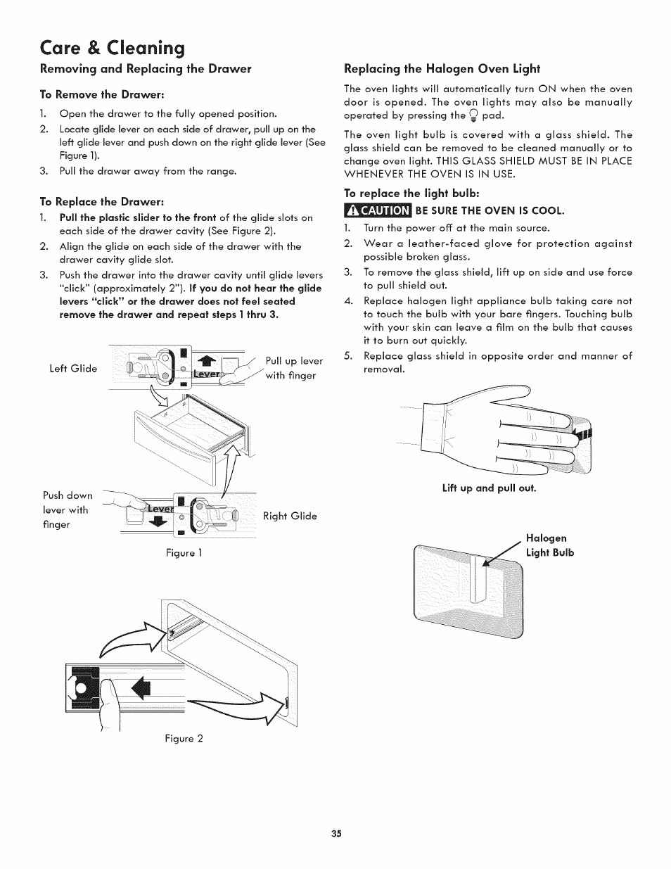 Care & cleaning, Removing and replacing the drawer, To remove the drawer | To replace the drawer, Replacing the halogen oven light | Kenmore 790.3107 User Manual | Page 35 / 40