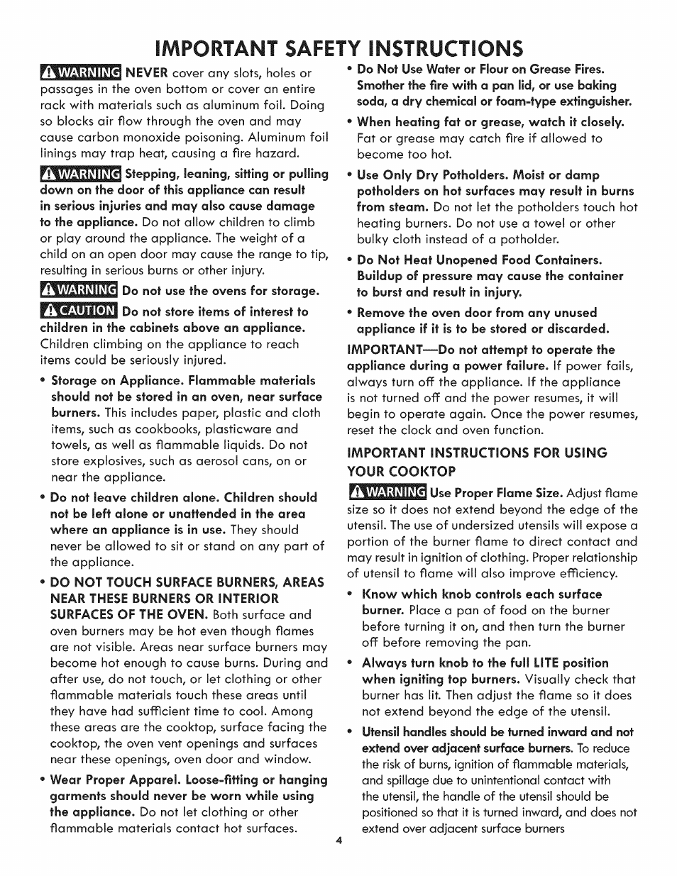 Important instructions for using your cooktop, Important safety instructions | Kenmore 790.3107 User Manual | Page 4 / 40