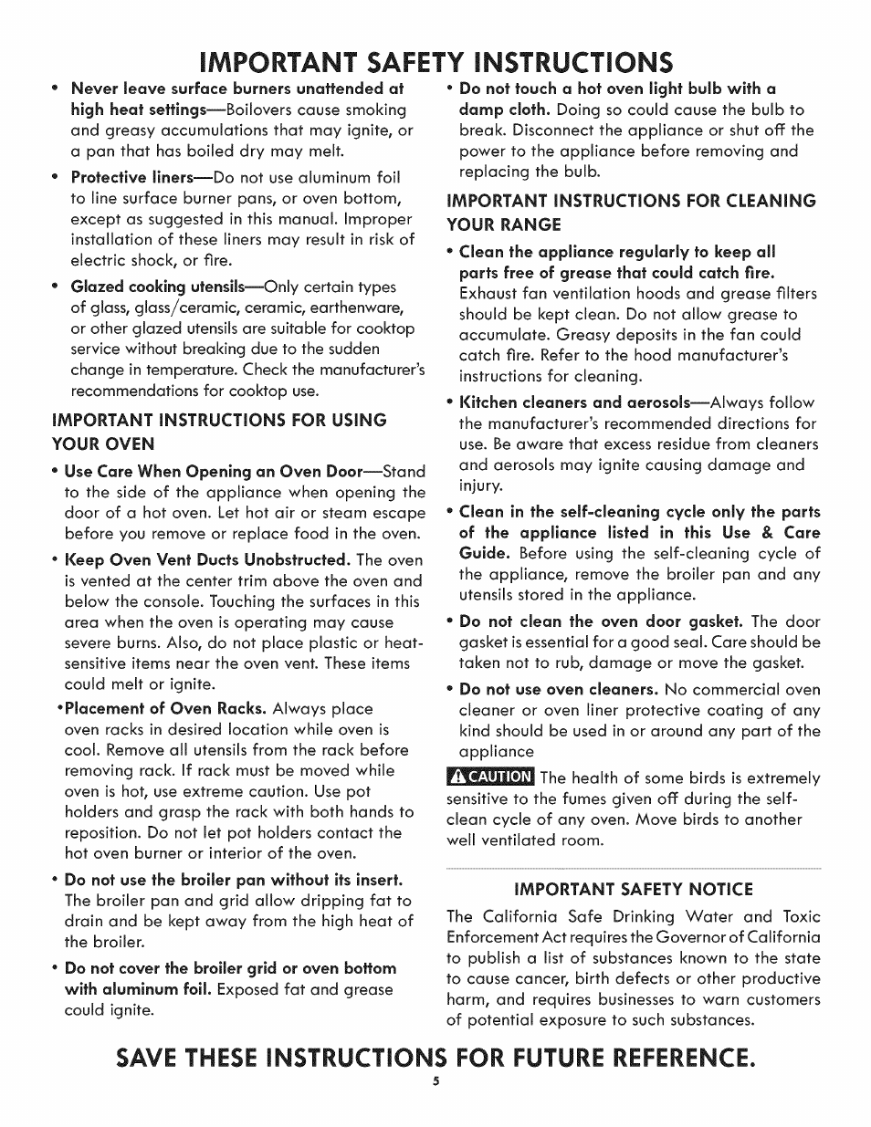 Important instructions for using your oven, Important instructions for cleaning your range, Important safety notice | Save these instructions for future reference, Important safety instructions -5, Important safety instructions | Kenmore 790.3107 User Manual | Page 5 / 40