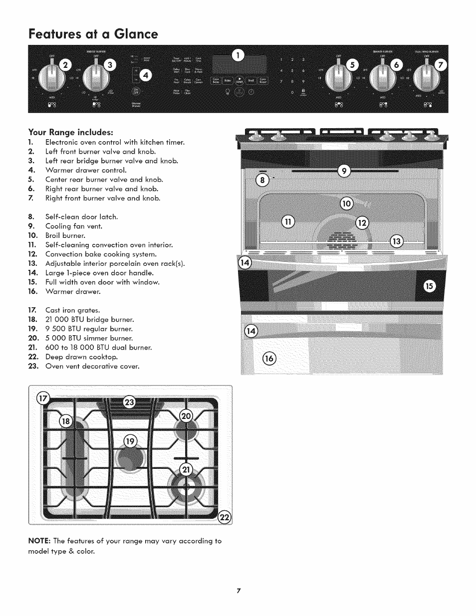 Features at a glance, Your range includes, Feature at a glance | Kenmore 790.3107 User Manual | Page 7 / 40