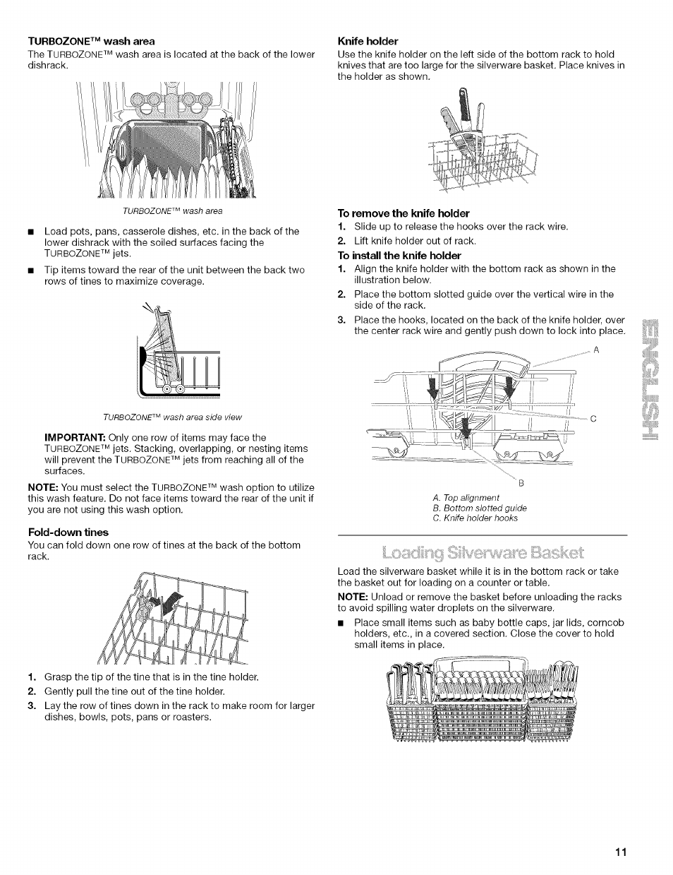 Turbozonetm wash area, Fold-down tines, Knife holder | To remove the knife holder | Kenmore 665.1629 User Manual | Page 11 / 64