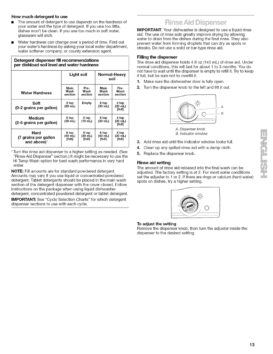 How much detergent to use, Filling the dispenser, Rinse aid setting | Kenmore 665.1629 User Manual | Page 13 / 64