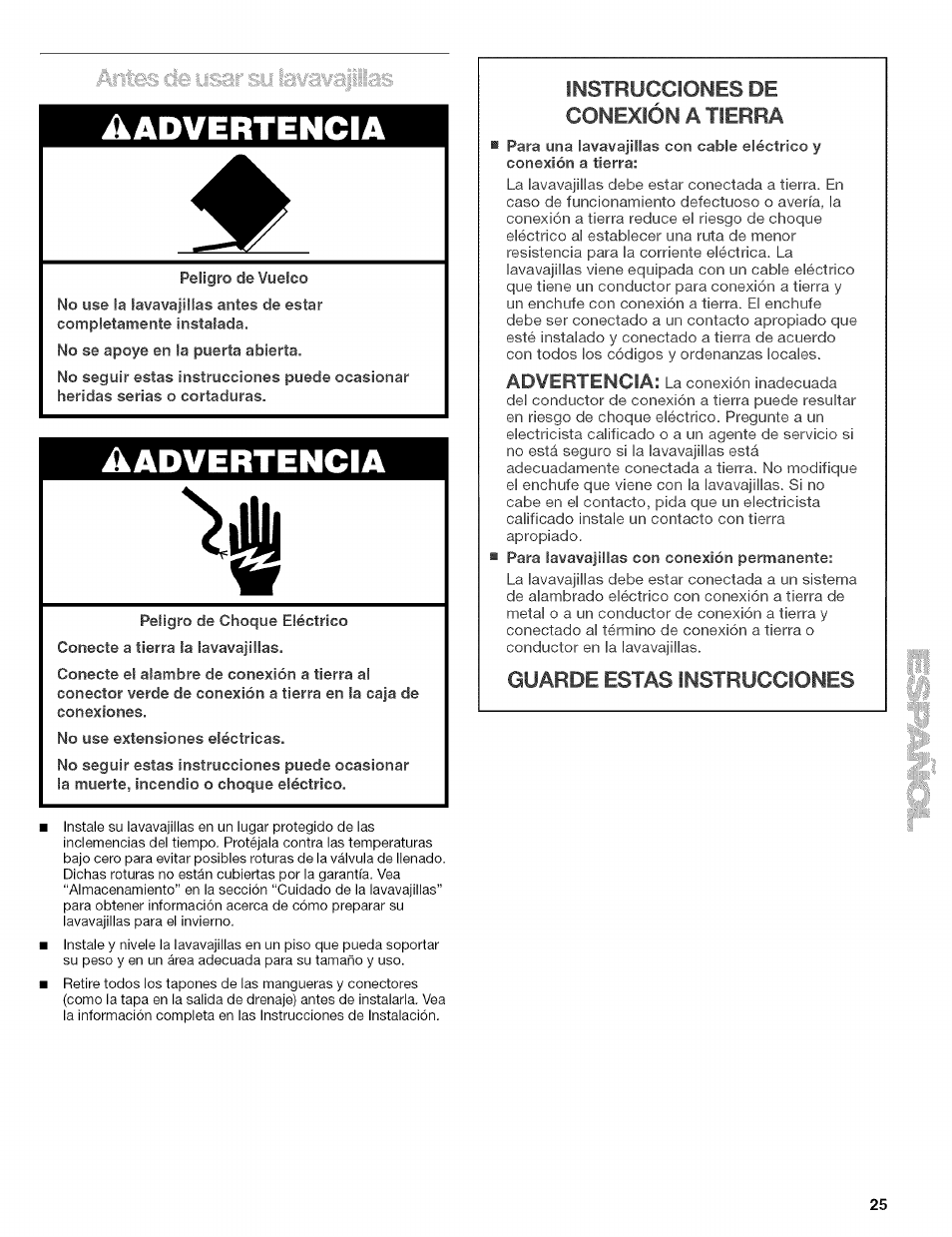 Advertencia, Instrucciones de conexión a tierra, Guarde estas instrucciones | Kenmore 665.1629 User Manual | Page 25 / 64