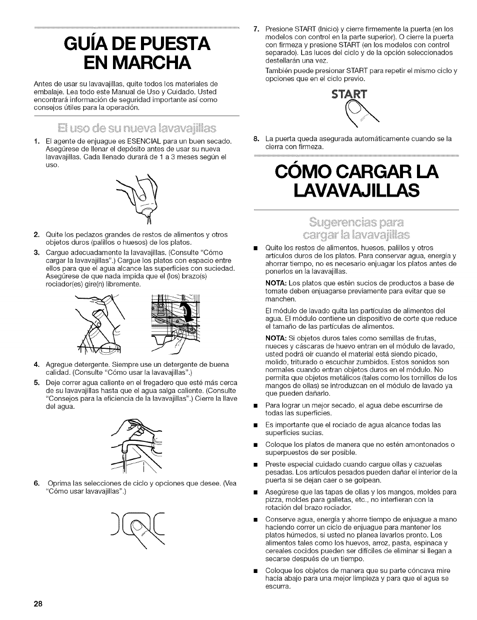 Guia de puesta en marcha, Cólvio cargar lavavajillas, Guía de puesta en marcha | Cómo cargar la lavavajillas | Kenmore 665.1629 User Manual | Page 28 / 64