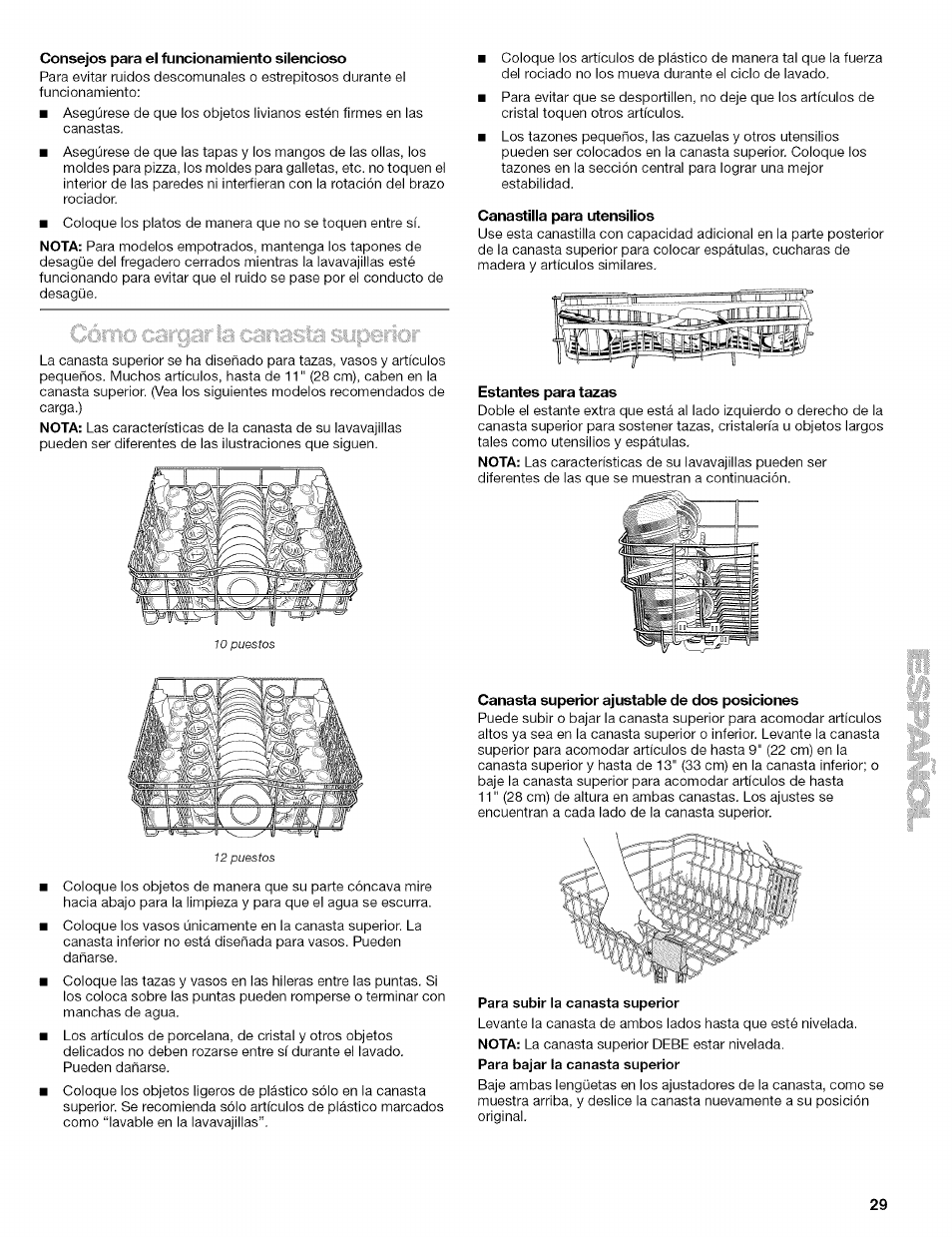 Consejos para el funcionamiento silencioso, Canastilla para utensilios, Estantes para tazas | Canasta superior ajustable de dos posiciones | Kenmore 665.1629 User Manual | Page 29 / 64