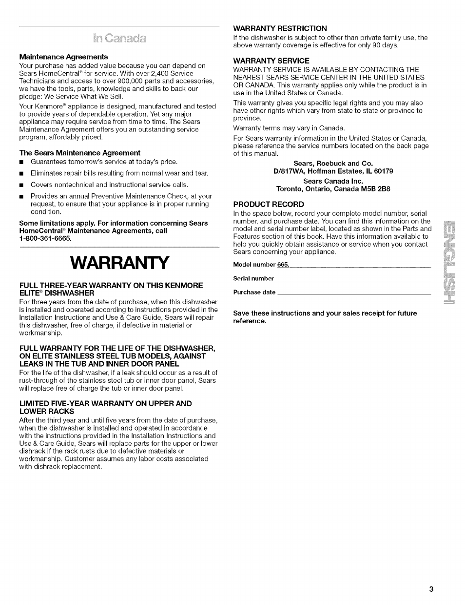 Maintenance agreements, The sears maintenance agreement, Warranty | Warranty restriction, Warranty service, Product record | Kenmore 665.1629 User Manual | Page 3 / 64