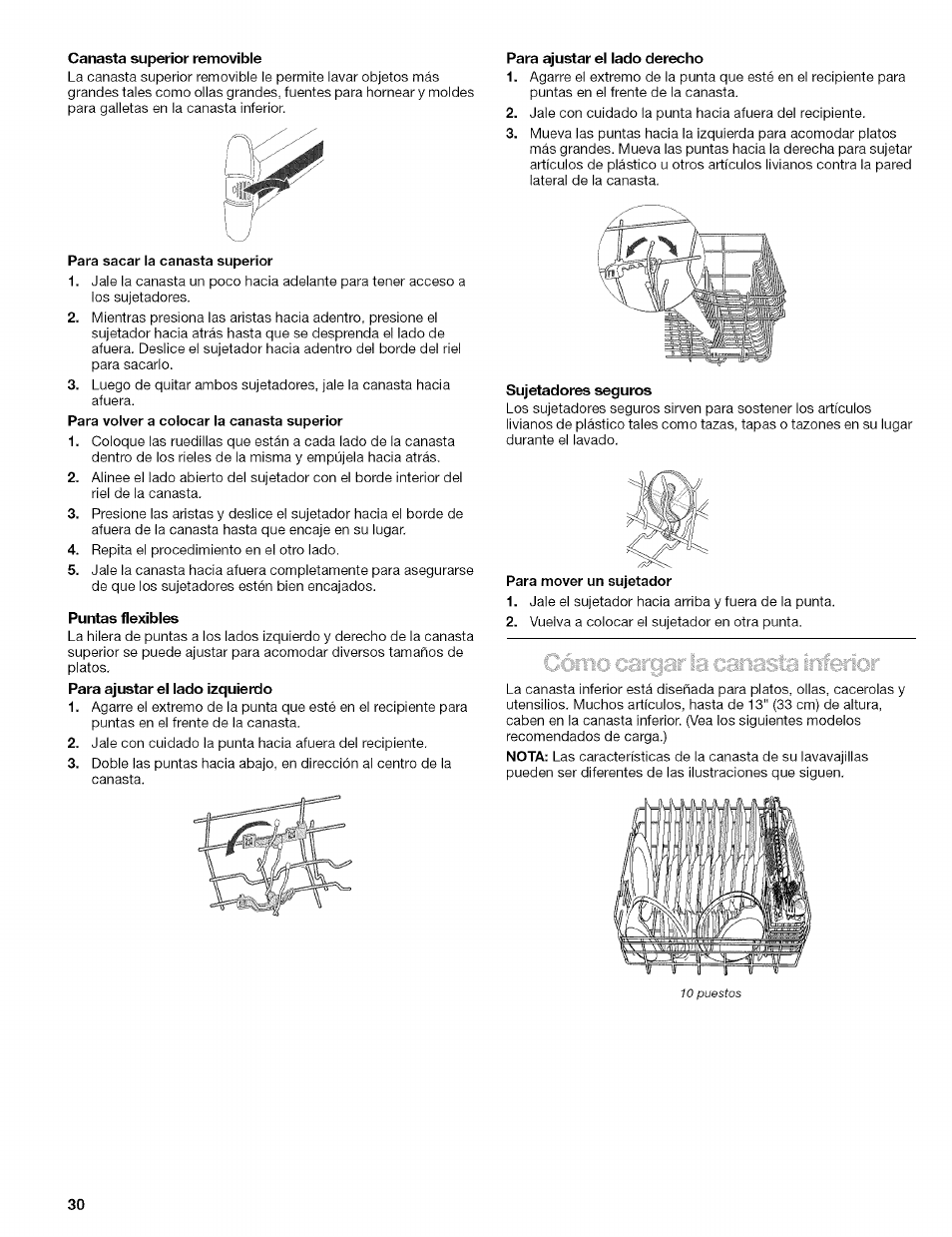 Canasta superior removible, Para ajustar el lado derecho, Puntas flexibles | Sujetadores seguros, Y,í i | Kenmore 665.1629 User Manual | Page 30 / 64