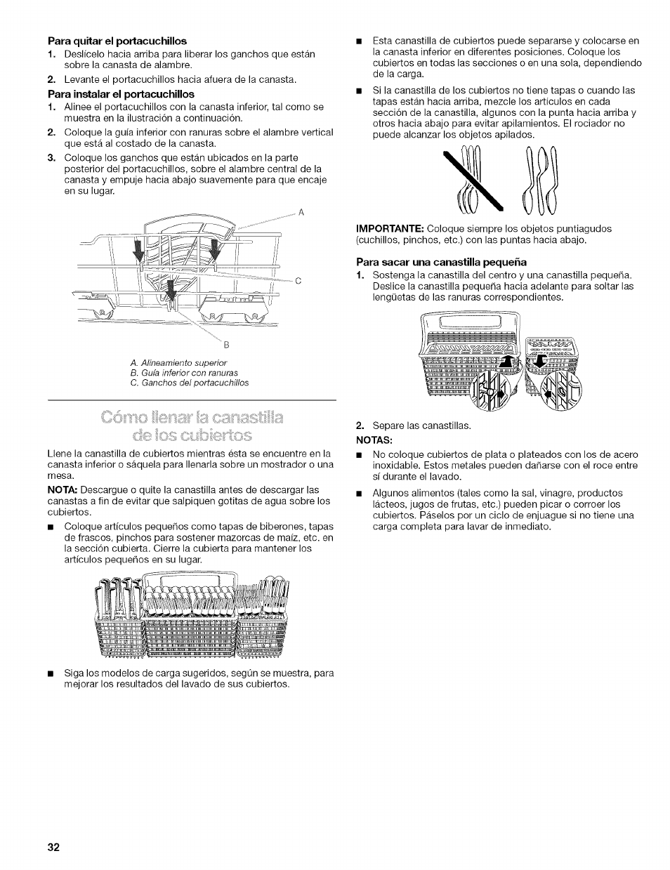 Para quitar el portacuchillos, Para sacar una canastilla pequeña, Notas | Kenmore 665.1629 User Manual | Page 32 / 64