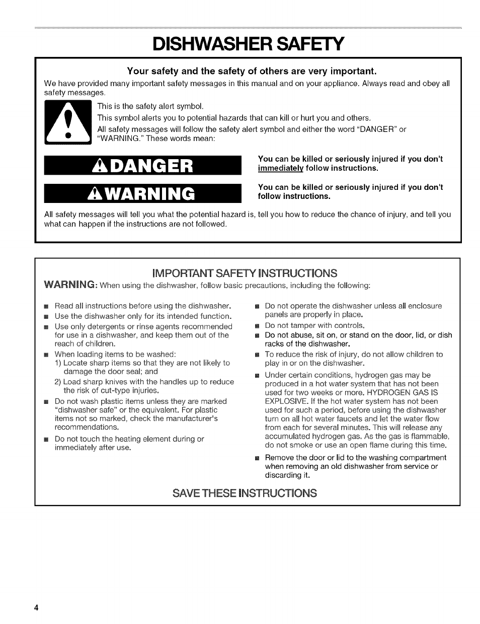 Dishwasher safety, Adanger awarning | Kenmore 665.1629 User Manual | Page 4 / 64