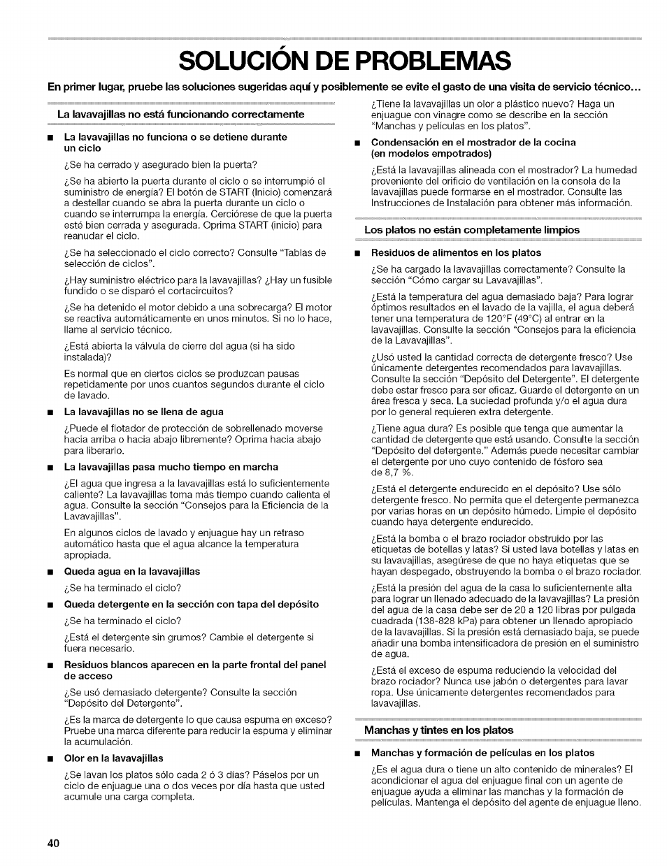 Solucion de problemas, Solución de problemas | Kenmore 665.1629 User Manual | Page 40 / 64