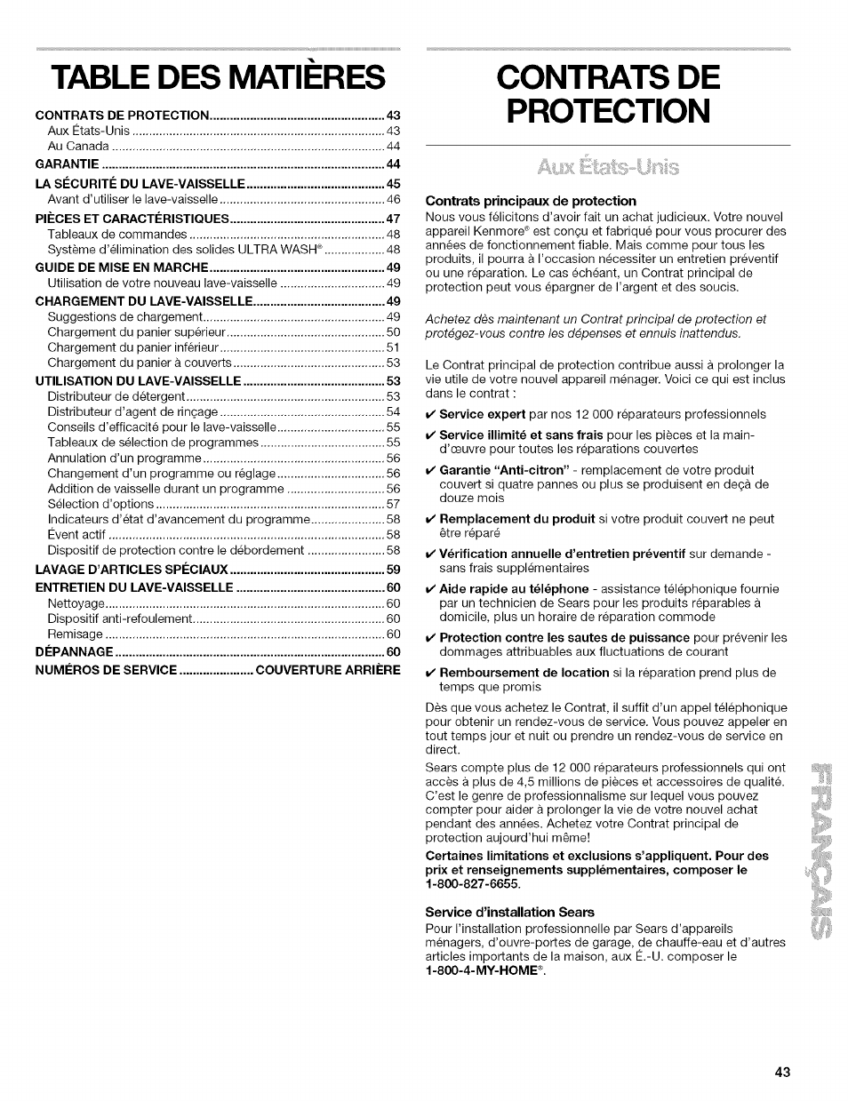 Table des matieres, Contrats de protection, Contrats principaux de protection | Service d’installation sears | Kenmore 665.1629 User Manual | Page 43 / 64