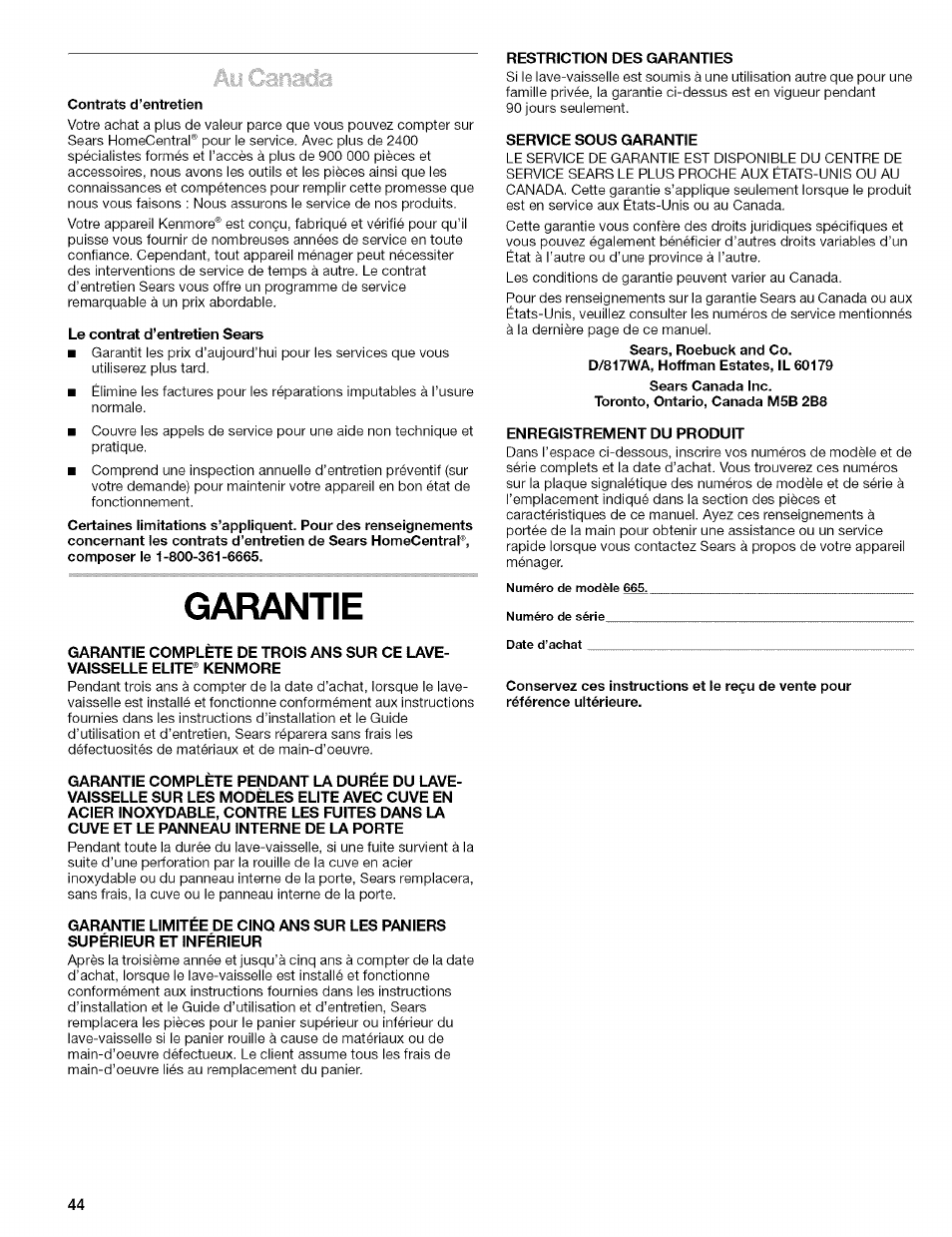 Le contrat d’entretien sears, Garantie, Restriction des garanties | Service sous garantie, Enregistrement du produit | Kenmore 665.1629 User Manual | Page 44 / 64