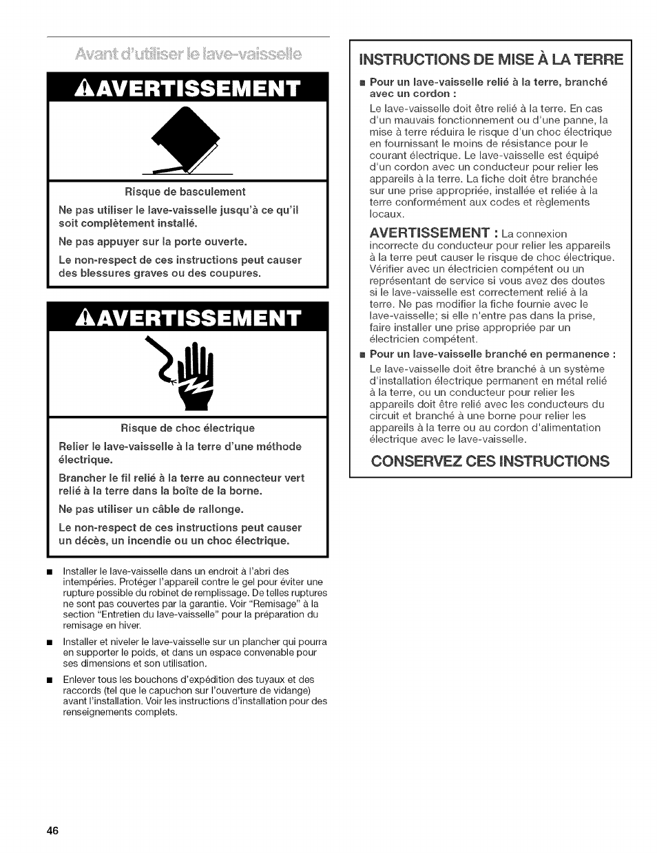 Avertissement, Instructions de mise a la terre, Conservez ces instructions | Kenmore 665.1629 User Manual | Page 46 / 64