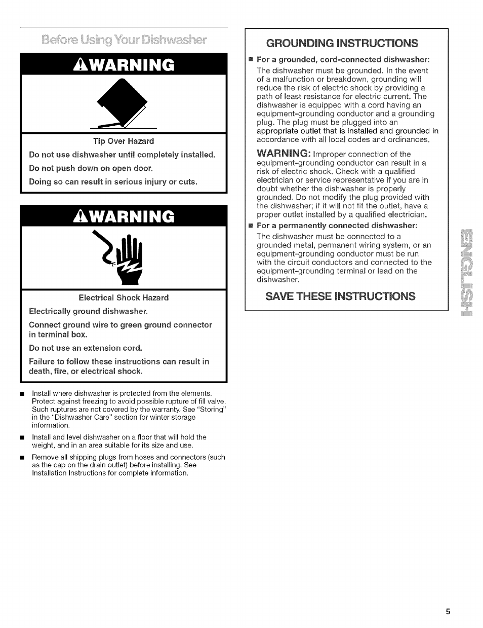 Warning, Grounding instructions, Sa¥e these instructions | Kenmore 665.1629 User Manual | Page 5 / 64