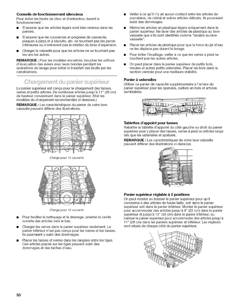 Conseils de fonctionnement silencieux, Panier à ustensiles, Tablettes d’appoint pour tasses | Panier supérieur réglable à 2 positions | Kenmore 665.1629 User Manual | Page 50 / 64