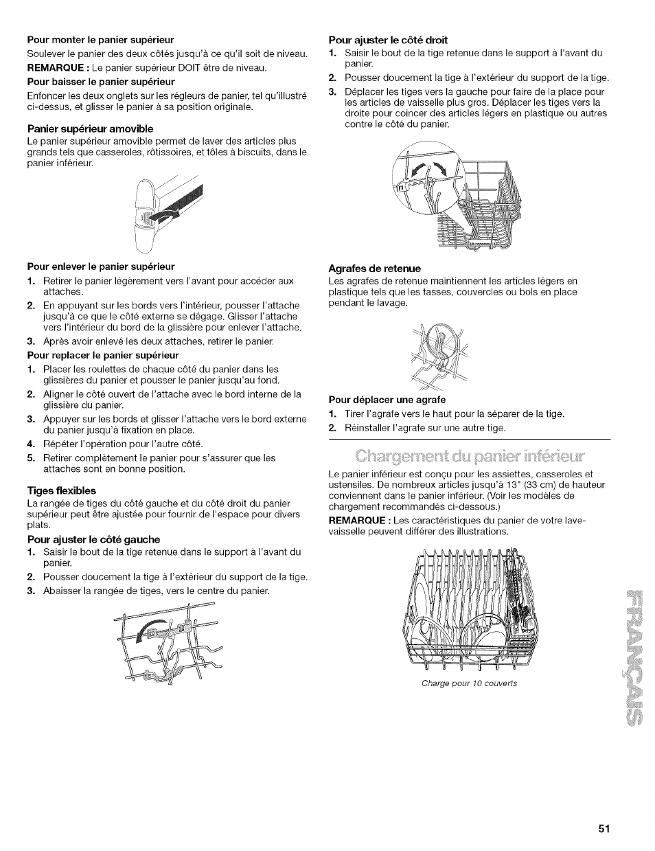 Panier supérieur amovible, Pour ajuster le côté droit, Tiges flexibles | Agrafes de retenue | Kenmore 665.1629 User Manual | Page 51 / 64