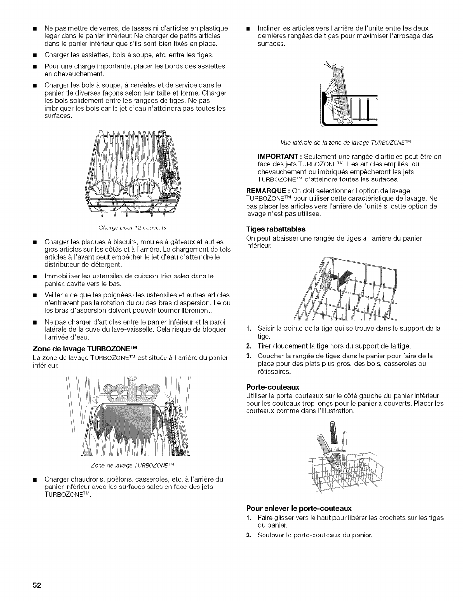 Tiges rabattables, Porte-couteaux, Pour enlever le porte-couteaux | Kenmore 665.1629 User Manual | Page 52 / 64