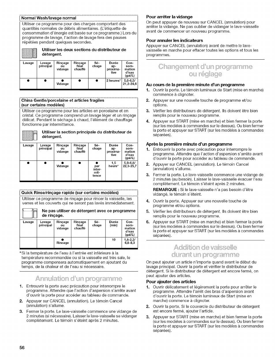 Pour arrêter la vidange, Pour annuler les indicateurs, Au cours de la première minute d’un programme | Après la première minute d’un programme | Kenmore 665.1629 User Manual | Page 56 / 64